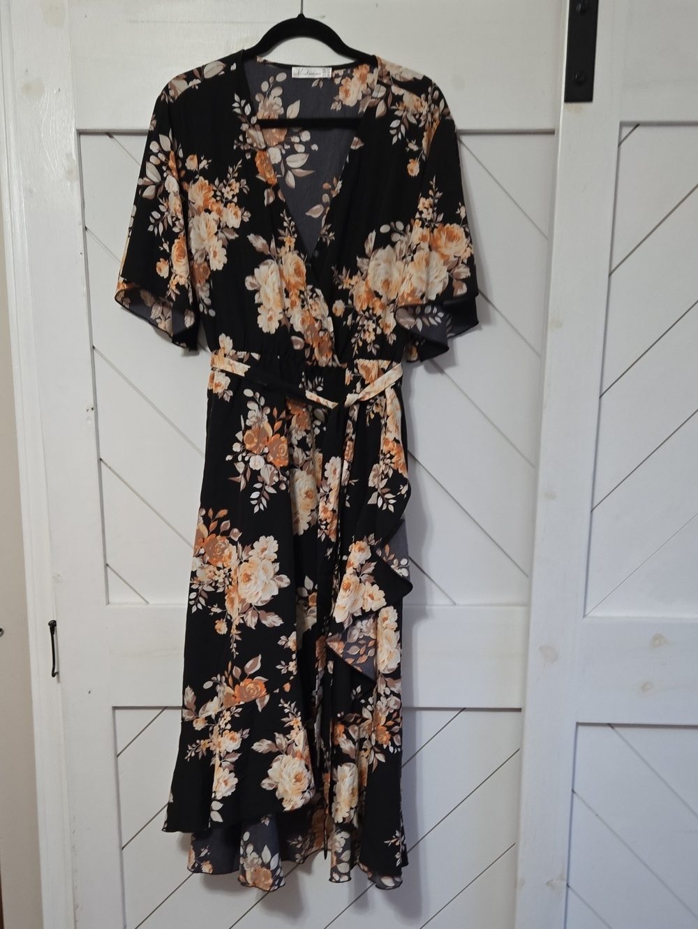 Amazon Black Floral Wrap Maxi Dress with Peach and Cream Blooms